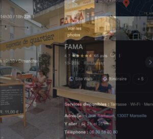 Façade et terrasse de FAMA, supérette de quartier rue Samatan à Marseille