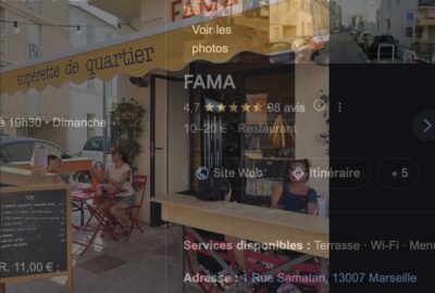 Façade et terrasse de FAMA, supérette de quartier rue Samatan à Marseille