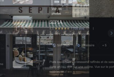 Façade et store rayé du restaurant Sépia sur la colline Puget à Marseille