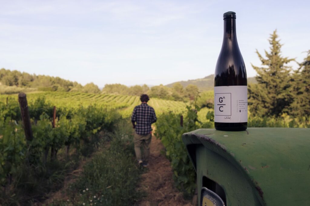 Bouteille de Gn/C posée sur le tracteur, vigneron dans les vignes